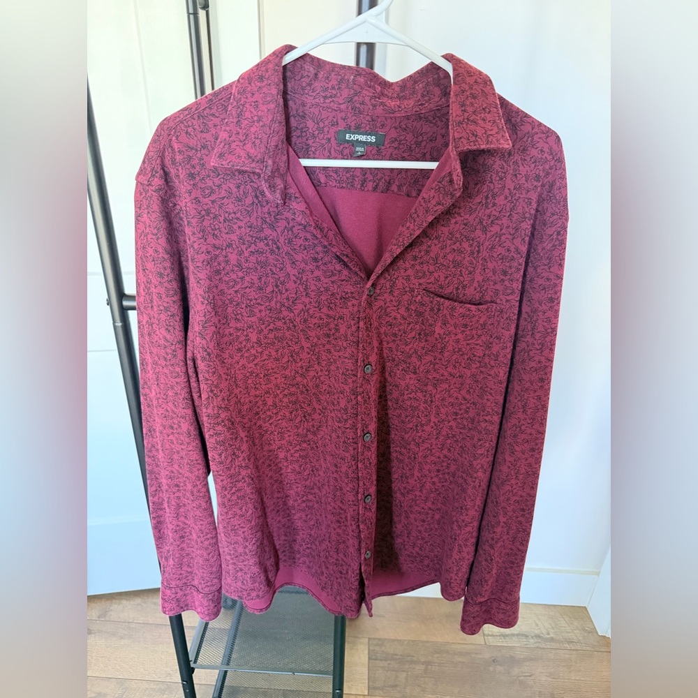 Express Men's Long Sleeve Burgundy Floral Button-Up Shirt